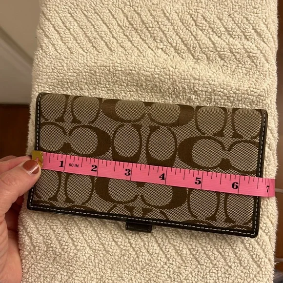 Vintage Coach Brown Signature Checkbook Cover Leather Trim with Pen Loop EUC - Picture 5 of 16